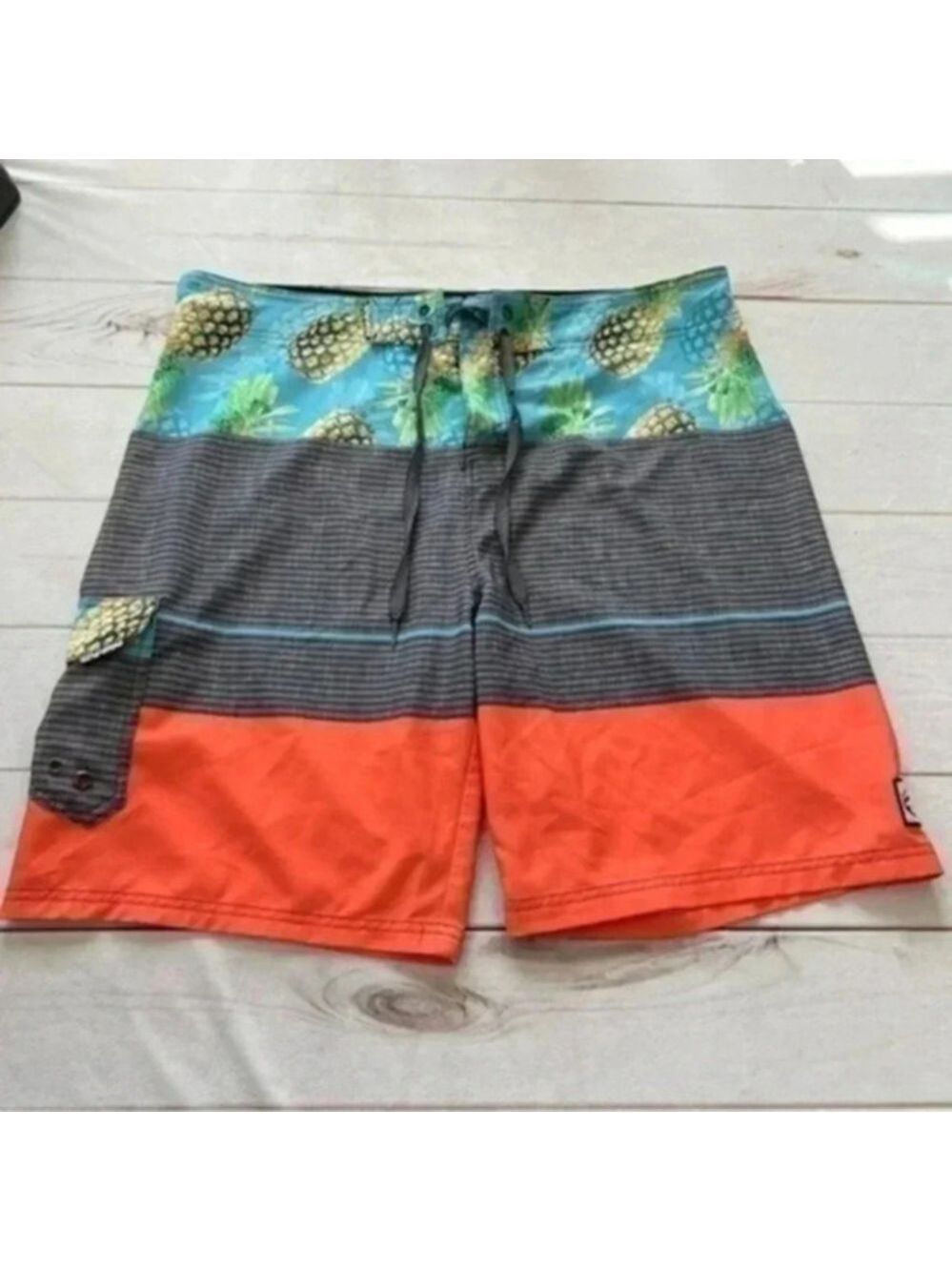 Ocean Current Men's 38 Pineapple Gray Orange Board Shorts Swim Trunks